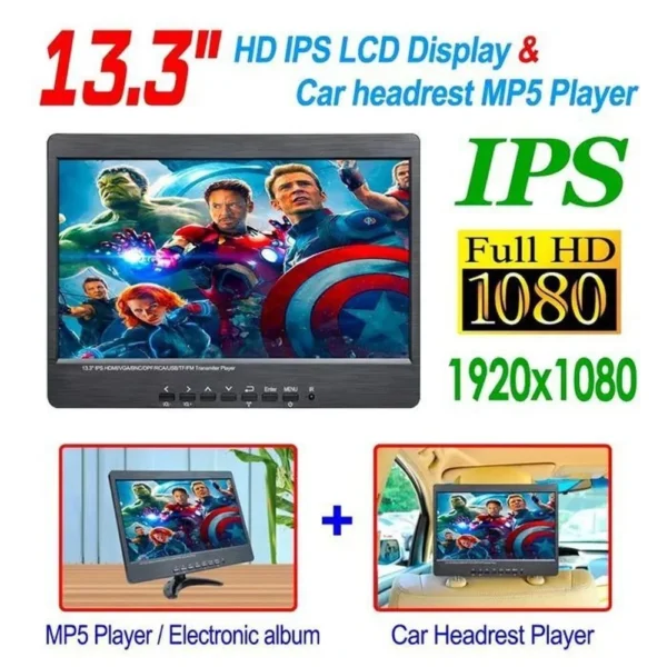 1PC 13.3 inch Car Headrest MP5 Wireless Player Home HD IPS LCD Display Car Rear View Radio Monitor